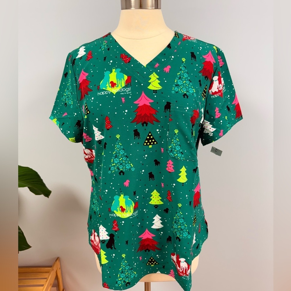 NWT Cherokee Christmas Dog Is Good XL Scrub Top Happy Holidogs Green Scrubs Dogs